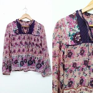 Vintage 70s Boho Cotton Purple Blocked Print Metallic Thread Bell Ties